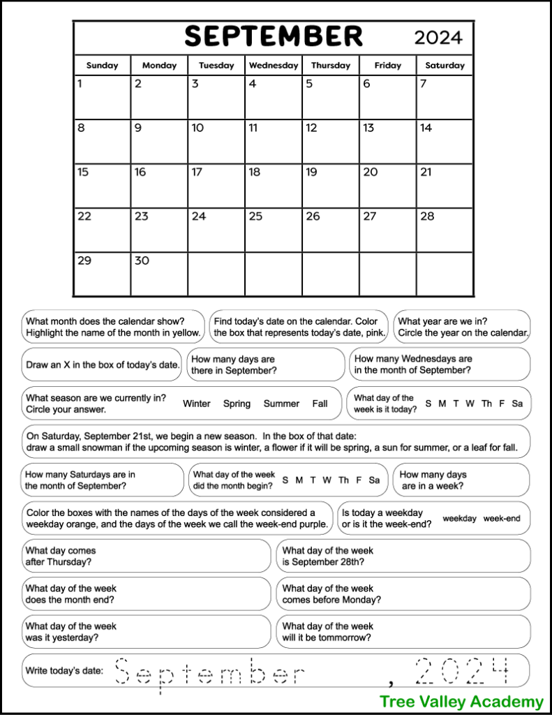 A free printable calendar worksheet for grade 1 for the month of September 2024. The black and white full page worksheet has the monthly calendar along with 21 calendar questions. Kids will circle, color, trace, draw and write the answers.