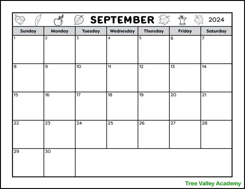 A full page black and white printable calendar for the month of September 2024. The header has a fall theme and is decorated with acorns, leaves, and apples. There is a blank area to write notes in.