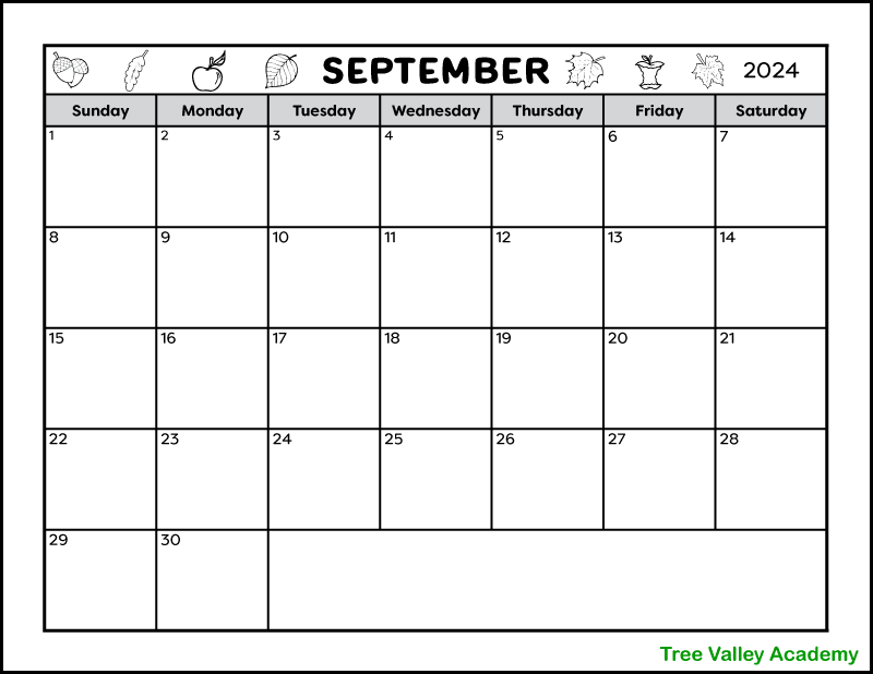 A full page black and white printable calendar for the month of September 2024. The header has a fall theme and is decorated with acorns, leaves, and apples. There is a blank area to write notes in.