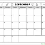 A full page black and white printable blank September 2025 calendar. The header has a fall theme and is decorated with acorns, leaves, and apples. There is a blank area to write notes in.