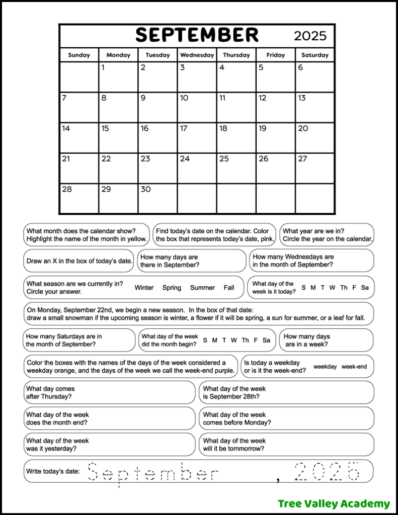 A free printable grade 1 calendar worksheet for the month of September 2025. The black and white full page worksheet has the monthly calendar and 21 calendar questions. Kids will circle, color, trace, draw, and write the answers.