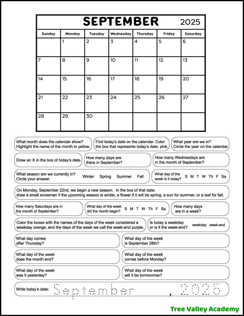 A free printable grade 1 calendar worksheet for the month of September 2025. The black and white full page worksheet has the monthly calendar and 21 calendar questions. Kids will circle, color, trace, draw, and write the answers.