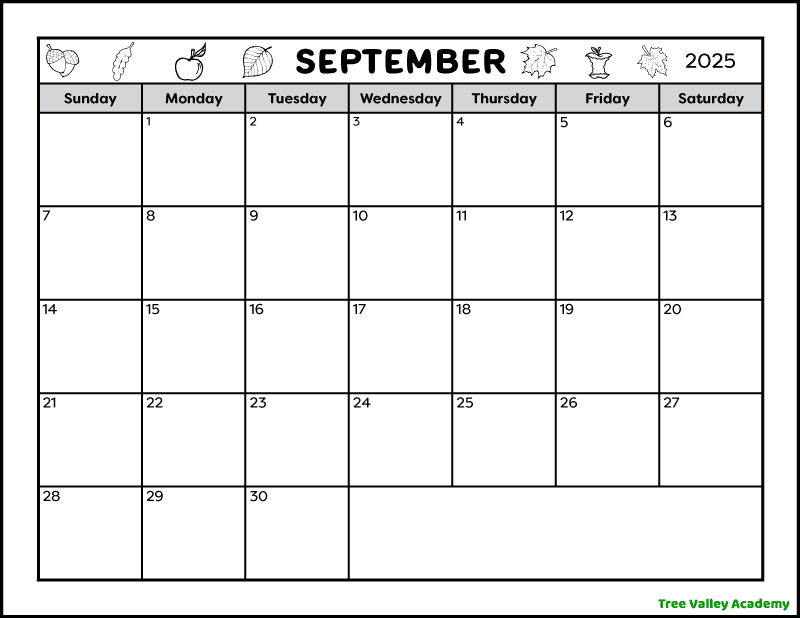 A full page black and white printable blank September 2025 calendar. The header has a fall theme and is decorated with acorns, leaves, and apples. There is a blank area to write notes in.