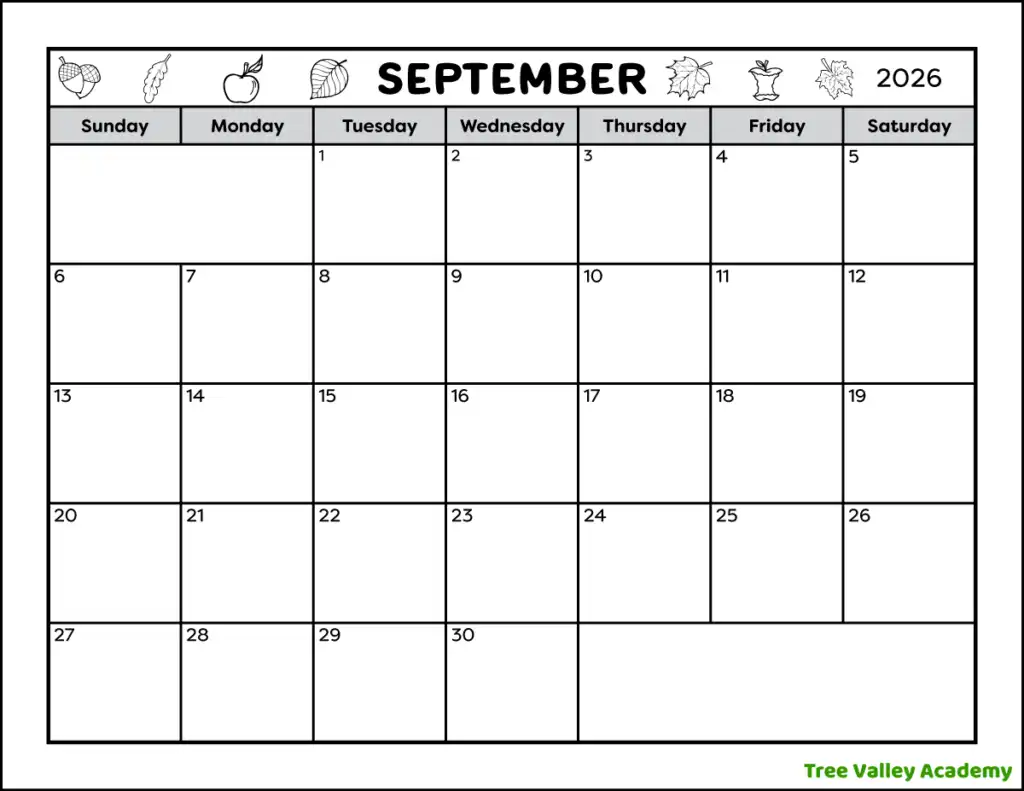 A full page black and white printable blank September 2026 calendar. The header has a fall theme and is decorated with acorns, leaves, and apples. There are 2 blank areas for notes.