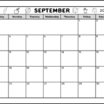 A full page black and white printable calendar for the month of September 2023. The header has a fall theme and is decorated with acorns, leaves, and apples. There is a blank area to write notes in.