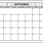 A full page black and white printable calendar for the month of September 2023. The header has a fall theme and is decorated with acorns, leaves, and apples. There is a blank area to write notes in.