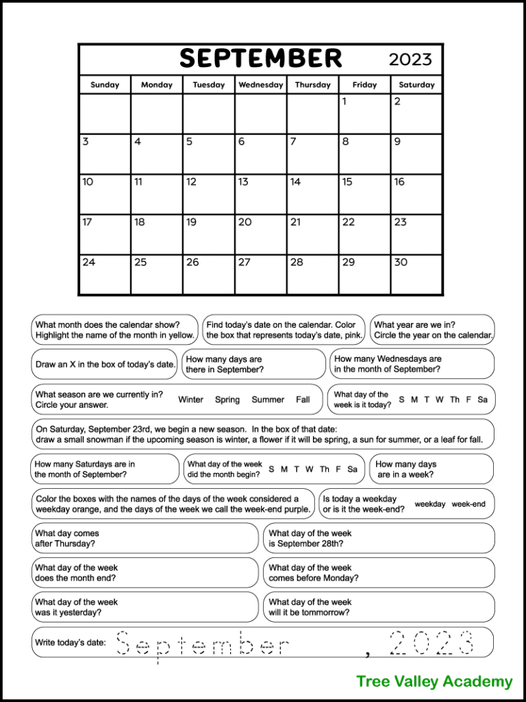 A free printable calendar worksheet for grade 1 for the month of September 2023. The black and white full page worksheet has the monthly calendar along with 21 calendar questions. Kids will circle, color, trace, draw and write the answers.