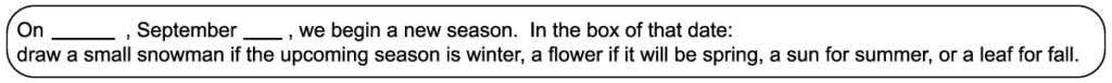 A season calendar question on a 1st and 2nd grade September calendar worksheet.