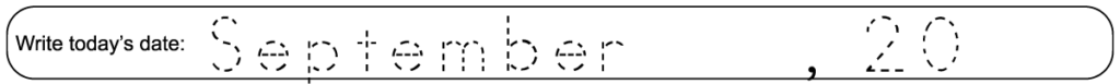 A calendar question on a 1st- and 2nd-grade September calendar worksheet where kids trace and write today's date.