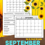 1st & 2nd grade September calendar & worksheets. There's a full-page black and white blank printable calendar for September. The calendar is decorated with cute fall drawings in the header area. There are also blank spaces for notes. The download also includes a black and white full-page September calendar worksheet. It has the September calendar and calendar questions, with spaces for kids to write the answers.