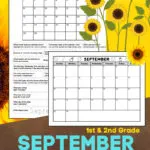 1st & 2nd grade September calendar & worksheets. There's a full-page black and white blank printable calendar for September. The calendar is decorated with cute fall drawings in the header area. There are also blank spaces for notes. The download also includes a black and white full-page September calendar worksheet. It has the September calendar and calendar questions, with spaces for kids to write the answers.