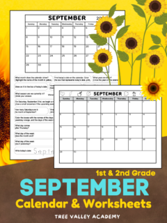 1st & 2nd grade September calendar & worksheets. There's a full-page black and white blank printable calendar for September. The calendar is decorated with cute fall drawings in the header area. There are also blank spaces for notes. The download also includes a black and white full-page September calendar worksheet. It has the September calendar and calendar questions, with spaces for kids to write the answers.