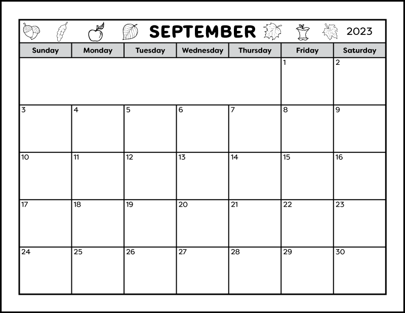 A full page black and white printable calendar for the month of September 2023. The header has a fall theme and is decorated with acorns, leaves, and apples.  There is a blank area to write notes in.