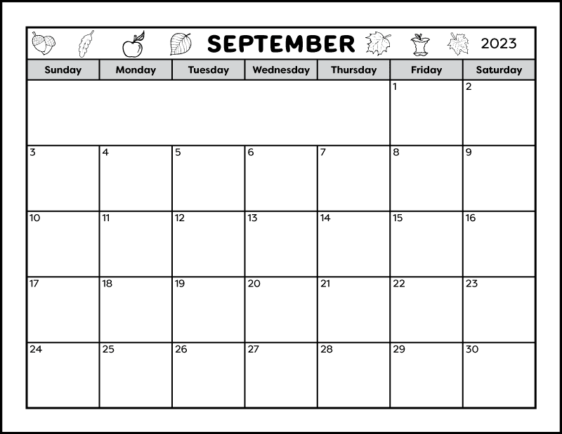 A full page black and white printable calendar for the month of September 2023. The header has a fall theme and is decorated with acorns, leaves, and apples. There is a blank area to write notes in.
