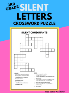 A 3rd grade silent letters crossword puzzle. The black and white printable puzzle has 14 clues for kids to solve. The puzzle's words are grade 3 spelling words with silent letters: L, T, W, KN, GN, WR, MB, and GH.