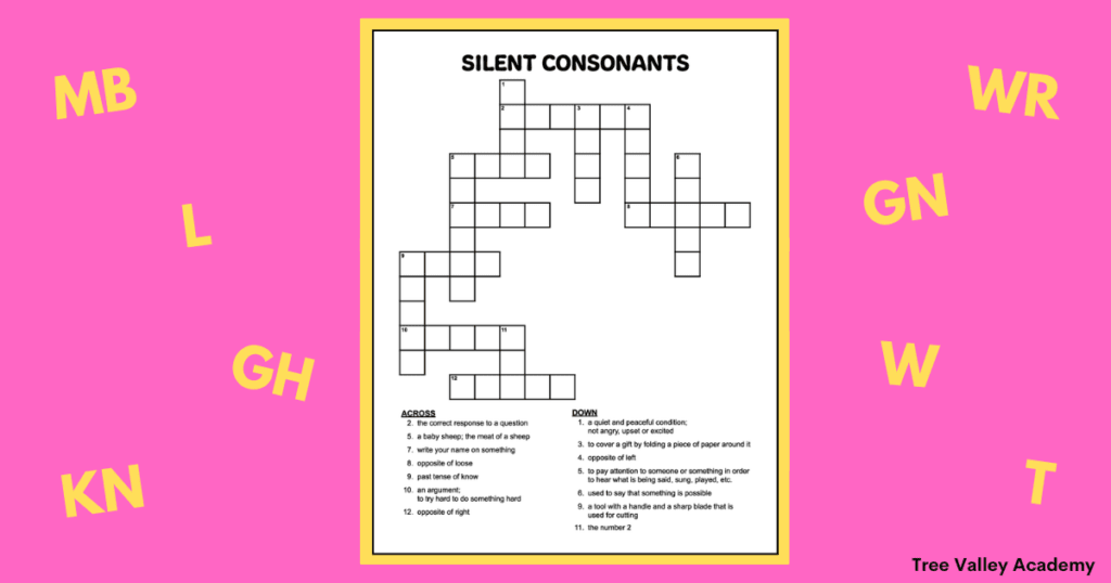 A 3rd grade silent consonants crossword puzzle. The black and white printable puzzle has 14 clues for kids to solve. The puzzle's words are grade 3 spelling words with silent letters: L, T, W, KN, GN, WR, MB, and GH.