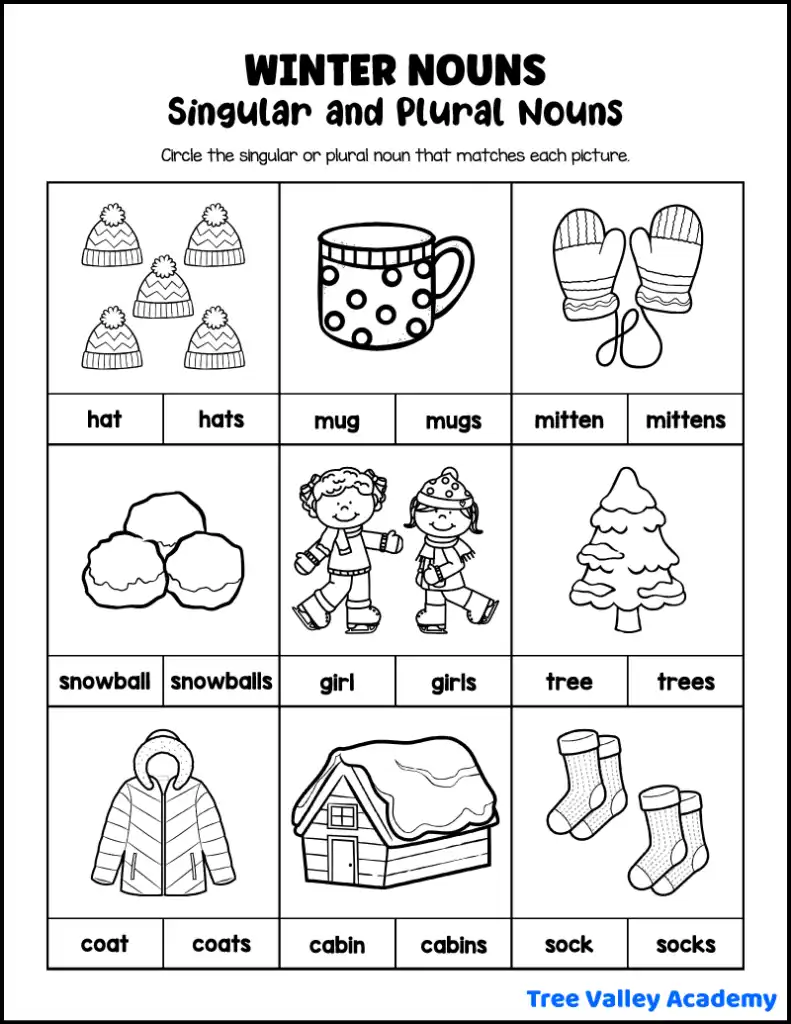 Kindergarten winter singular and plural nouns worksheet with pictures and word choices.