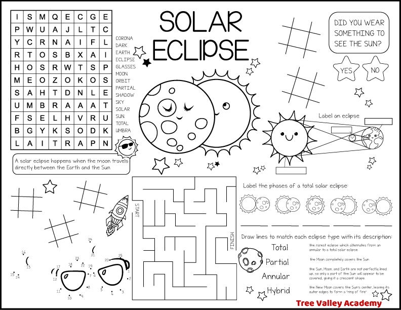 A black and white printable solar eclipse activity sheet for kids.