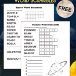 Free space and planets word scrambles. Two black and white printable word scramble puzzles. The one worksheet has 12 words to unscramble, which are 5th grade spelling words. The planets word scramble has the jumbled names of the 8 planets. It also has the numbers 1 through 8 with lines to write the names of the planets in order. There's also a picture of a planet with rings that can be coloured if desired.