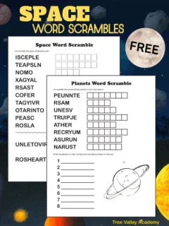 Free space and planets word scrambles. Two black and white printable word scramble puzzles. The one worksheet has 12 words to unscramble, which are 5th grade spelling words. The planets word scramble has the jumbled names of the 8 planets. It also has the numbers 1 through 8 with lines to write the names of the planets in order. There's also a picture of a planet with rings that can be coloured if desired.