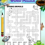 A free printable spring animals word puzzle. The black and white spring puzzle has 36 spring animal words to fit in the puzzle. The words are grouped by amount of letters in the word. There are 4 letter words to 11 letter words. The spring puzzle is decorated with cute spring animal pictures kids can color. There's an image of a frog, a bird, and a dancing puppy.