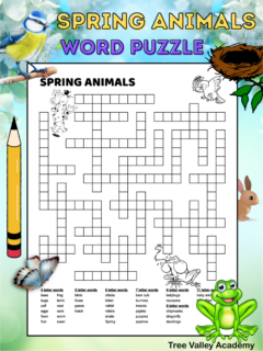 A free printable spring animals word puzzle. The black and white spring puzzle has 36 spring animal words to fit in the puzzle. The words are grouped by amount of letters in the word. There are 4 letter words to 11 letter words. The spring puzzle is decorated with cute spring animal pictures kids can color. There's an image of a frog, a bird, and a dancing puppy.