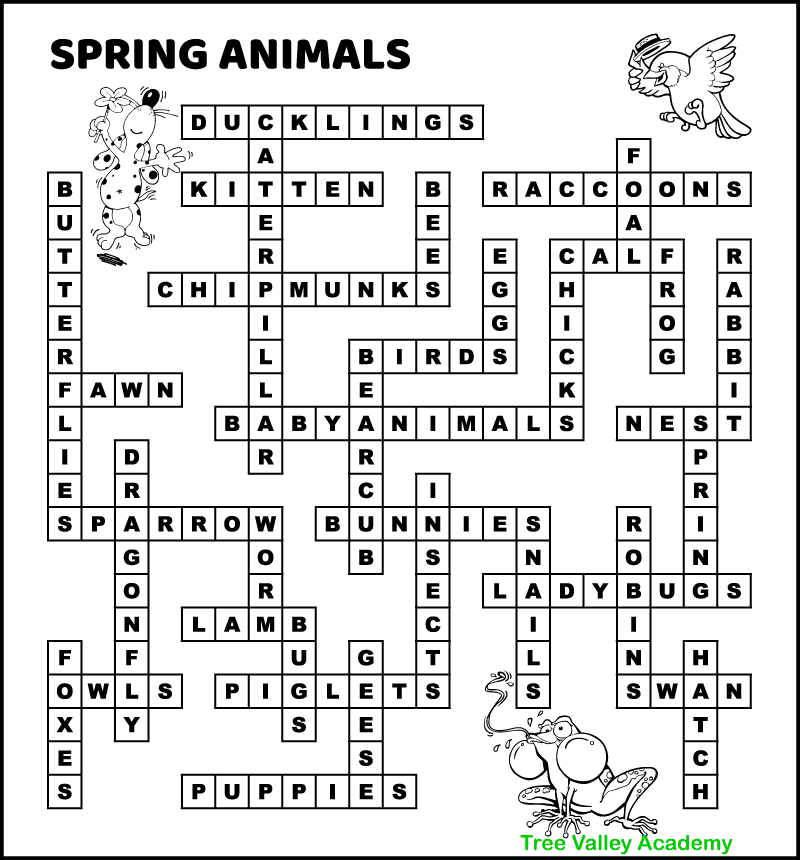 The answer key for a spring animals fill in word puzzle.