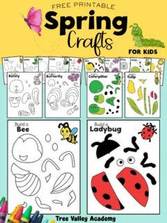 Spring cut and paste crafts for kids. There are bee, ladybug, butterfly, caterpillar, tulip, bunny, snail, and sun printable templates.