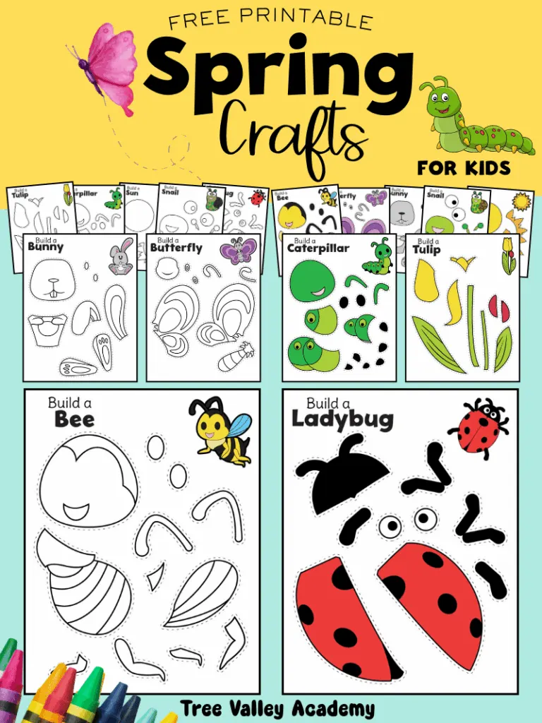 Spring cut and paste crafts for kids. There are bee, ladybug, butterfly, caterpillar, tulip, bunny, snail, and sun printable templates.