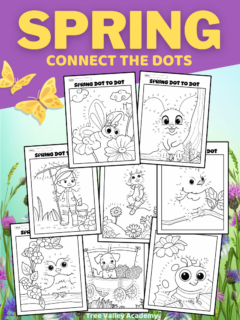 8 printable spring connect the dots coloring pages for kids. There's a ladybug, bunny, birds, butterfly, a girl with an umbrella, a dog in a wagon, and a boy sitting on a hill with spring flowers.