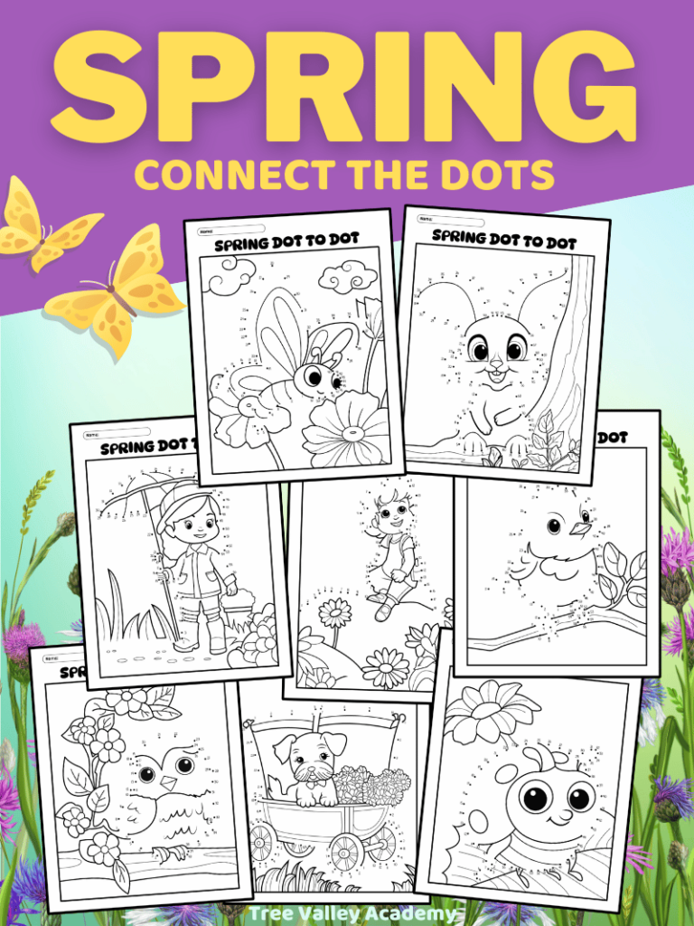 8 printable spring connect the dots coloring pages for kids. There's a ladybug, bunny, birds, butterfly, a girl with an umbrella, a dog in a wagon, and a boy sitting on a hill with spring flowers.