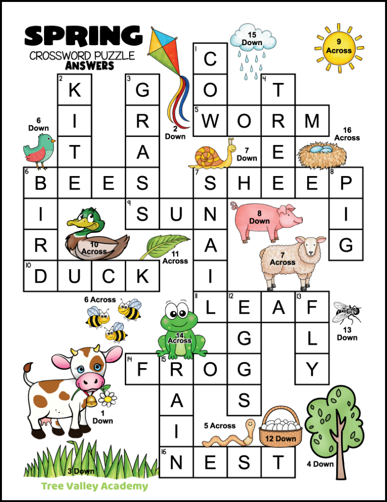 the answer key for a printable easy spring picture crossword for kids