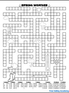 printable black and white spring weather fill in word puzzle with 50 spring weather words to fit in the puzzle