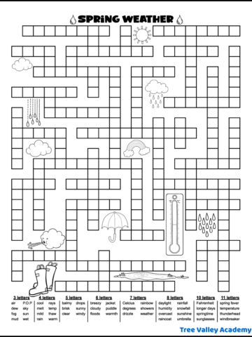 printable black and white spring weather fill in word puzzle with 50 spring weather words to fit in the puzzle