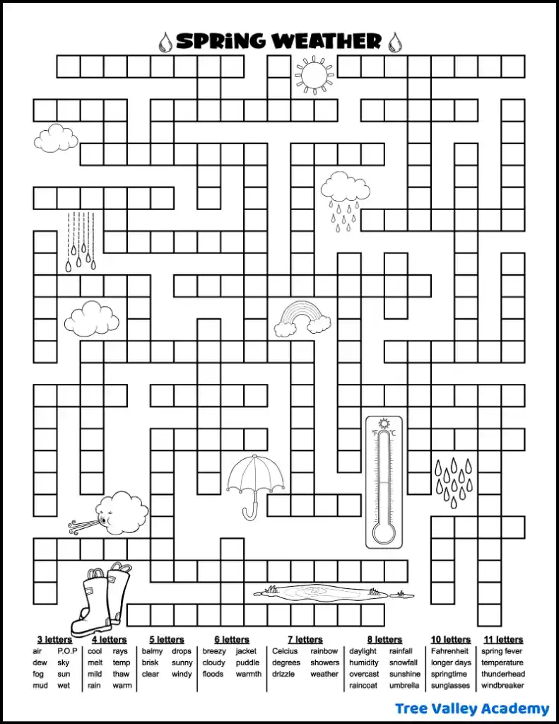 printable black and white spring weather fill in word puzzle with 50 spring weather words to fit in the puzzle