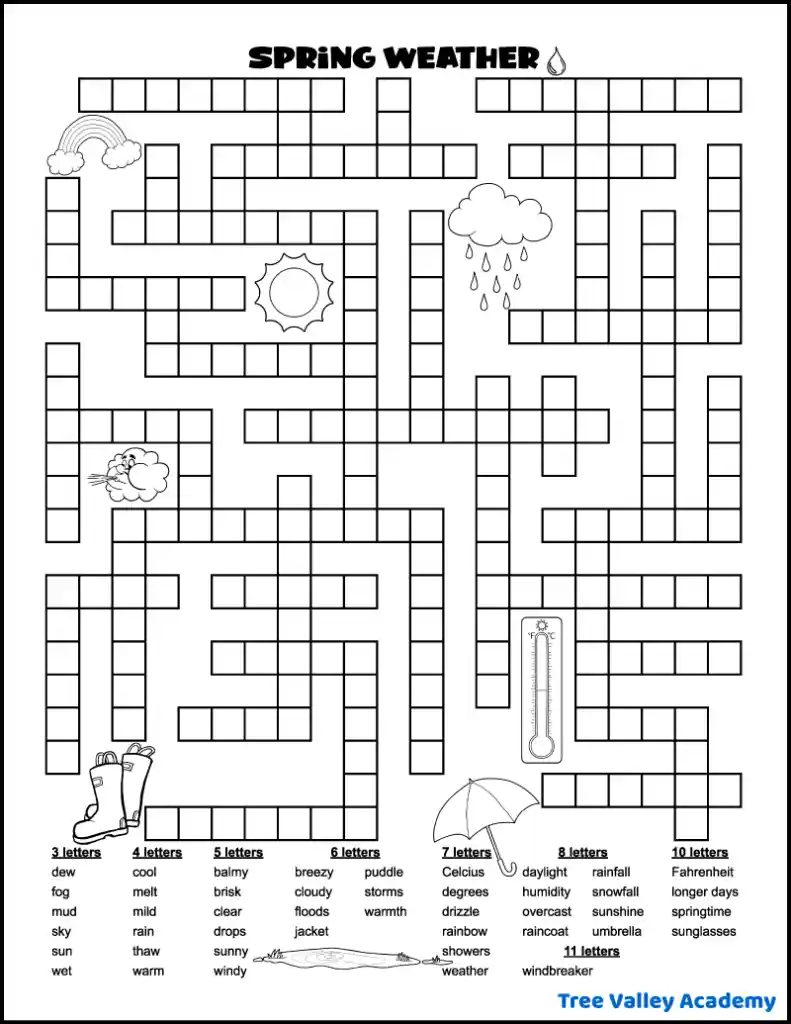A printable spring weather fill in word puzzle with 44 words to fit in the puzzle.