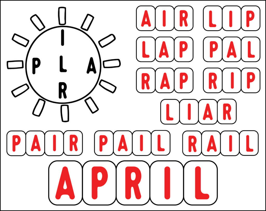Spring word builder puzzle showing words made from the jumbled letters A, P, R, I, and L, including air, lip, lap, pal, rap, rip, liar, pair, pail, and rail.