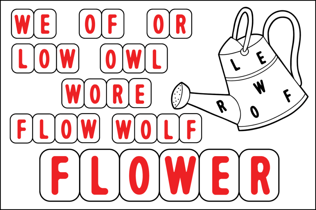 Spring word builder puzzle showing words made from the jumbled letters F, L, O, W, E, and R, including we, of, or, low, owl, wore, flow, and wolf.