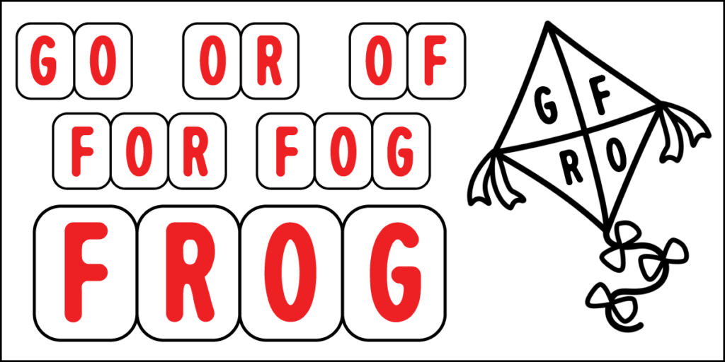 Spring word builder puzzle showing words made from the jumbled letters F, R, O, and G, including go, or, of, for, and fog.
