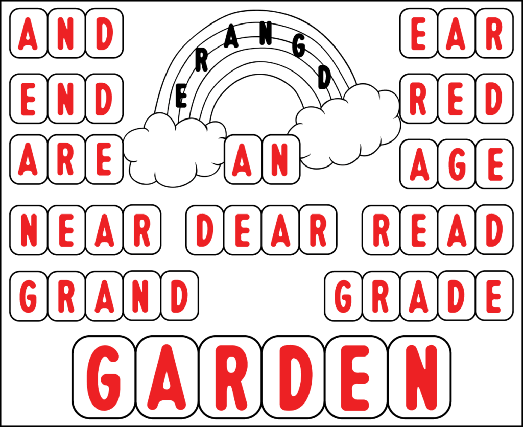 Spring word builder puzzle showing words made from the jumbled letters of the word GARDEN, including and, end, are, ear, red, age, near, dear, read, grand, grade, and garden.