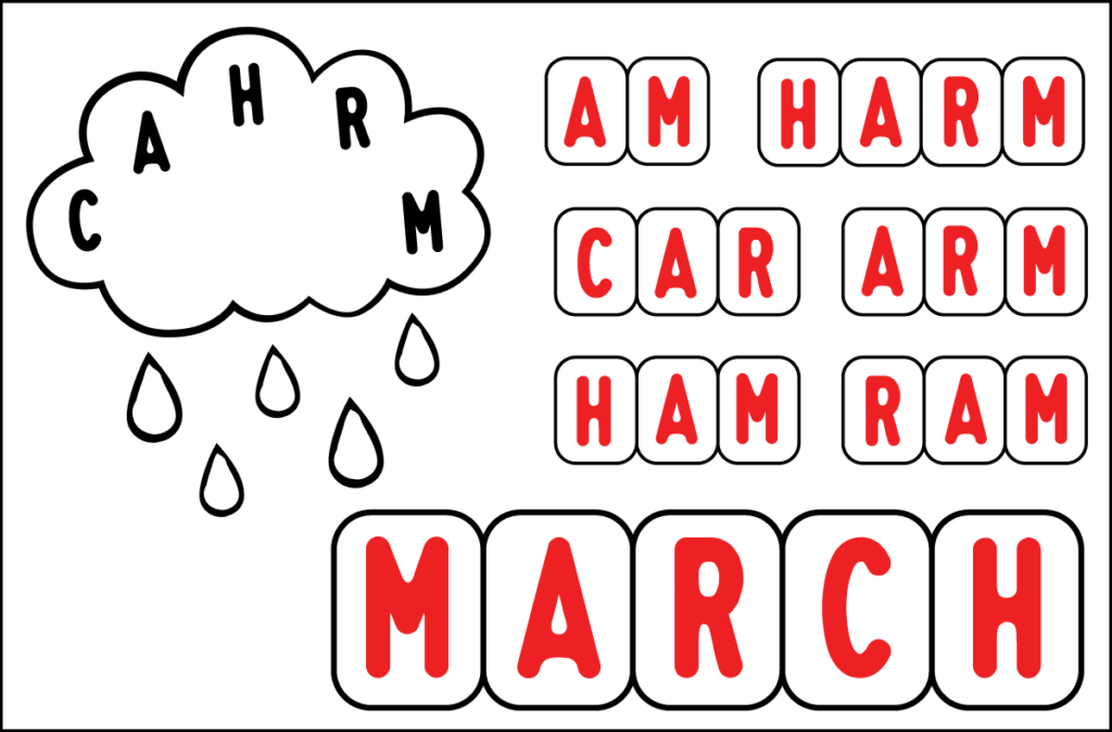 Spring word builder puzzle showing words made from the jumbled letters M, A, R, C, and H, including am, car, arm, ham, ram, and harm.