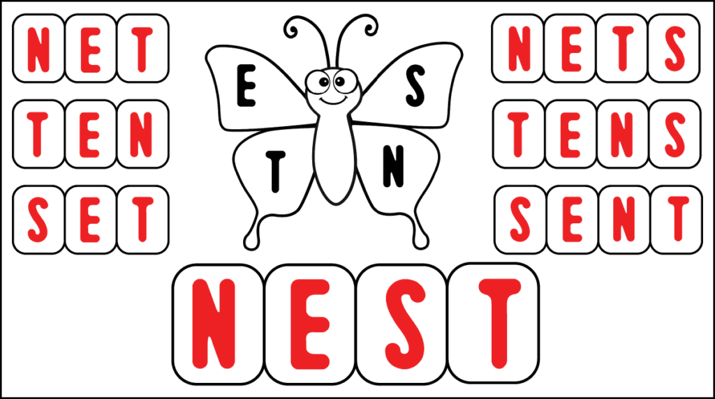 Spring word builder puzzle showing words made from the jumbled letters N, E, S, and T, including net, ten, set, nets, tens, and sent.