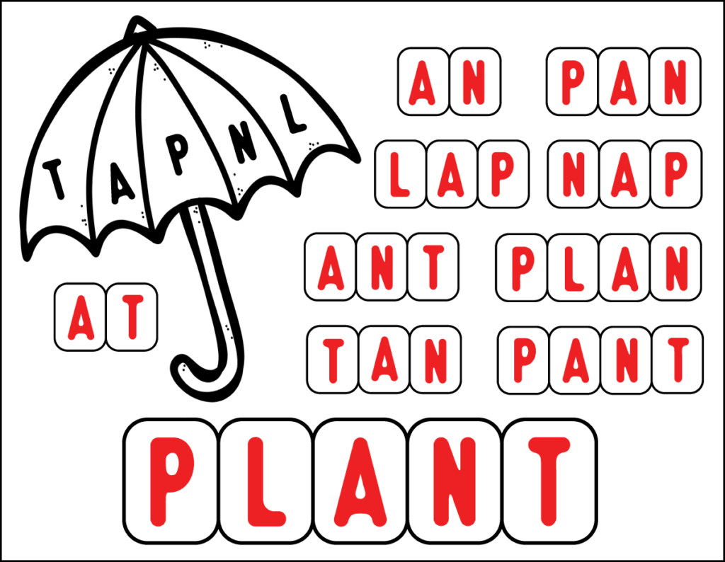 Spring word builder puzzle showing words made from the jumbled letters P, L, A, N, and T, including an, pan, lap, nap, ant, tan, plan, and pant.