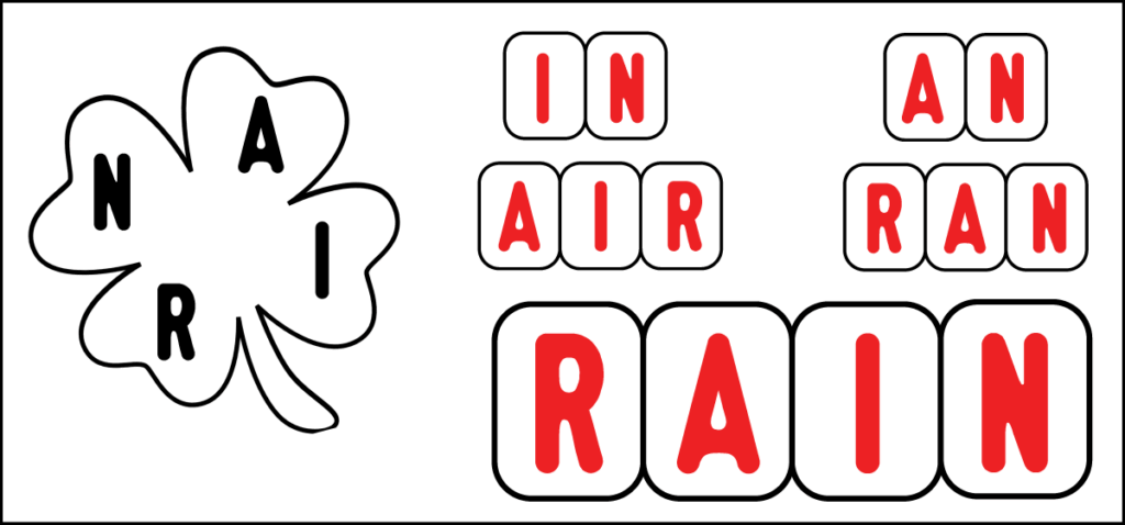 Spring word builder puzzle showing words made from the jumbled letters R, A, I, and N, including in, an, air, and ran.