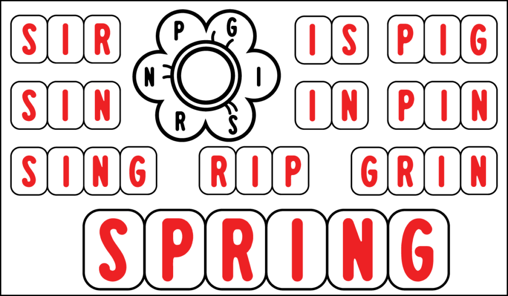 Spring word builder puzzle showing words made from the jumbled letters S, P, R, I, N, and G, including sir, sin, sing, is, pig, in, pin, rip, and grin.