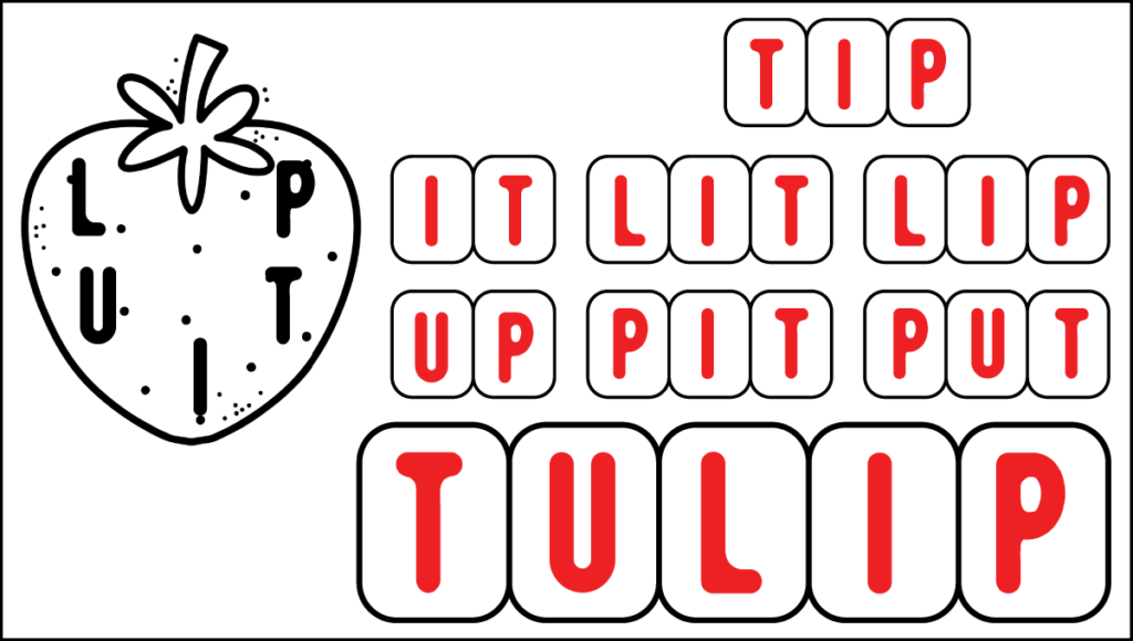 Spring word builder puzzle showing words made from the jumbled letters T, U, L, I, and P, including tip, it, lit, lip, up, pit, and put.