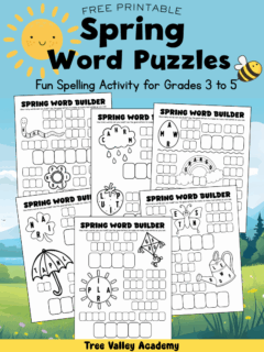 Free printable spring word puzzles for kids showing word builder worksheets where students make words from jumbled spring letters.
