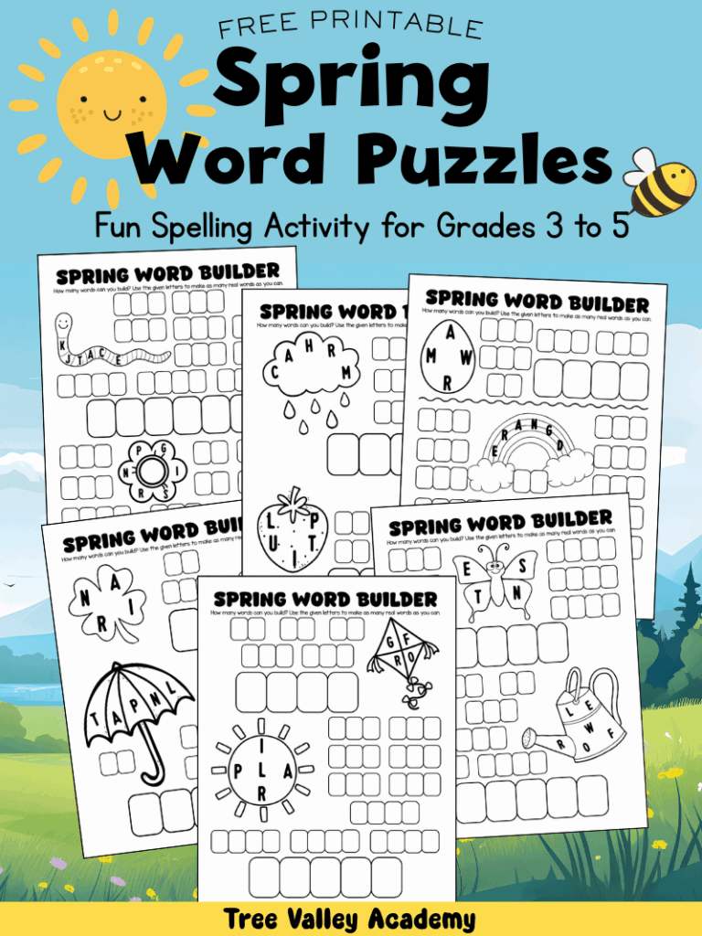 Free printable spring word puzzles for kids showing word builder worksheets where students make words from jumbled spring letters.