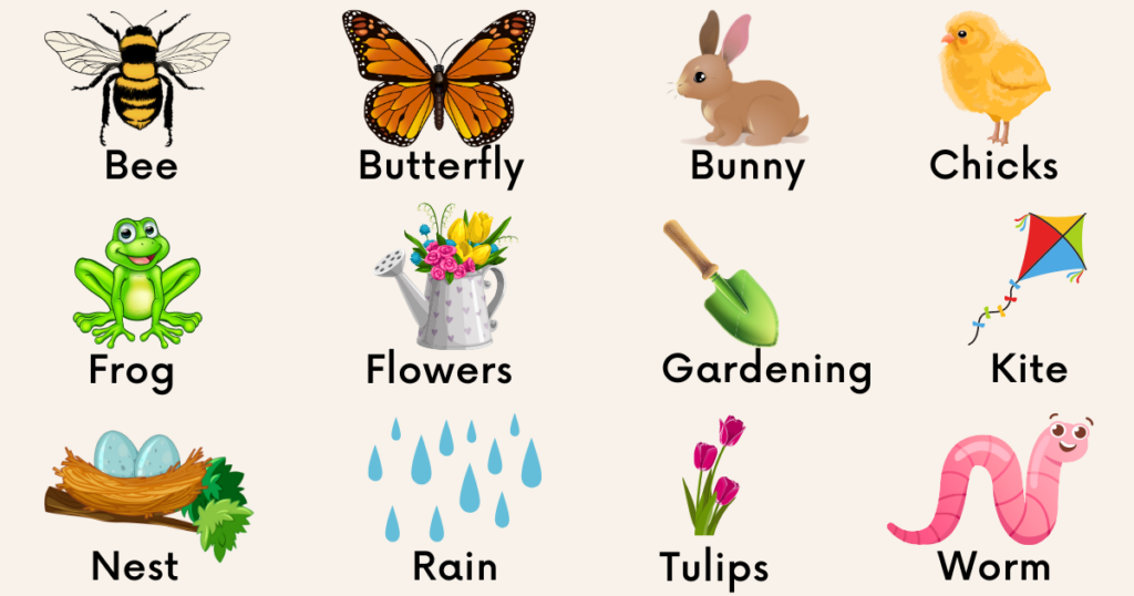 Spring words. Images and words for these springtime terms: bee, butterfly, bunny, chicks, frog, flowers, gardening, kite, nest, rain, tulips and worm.