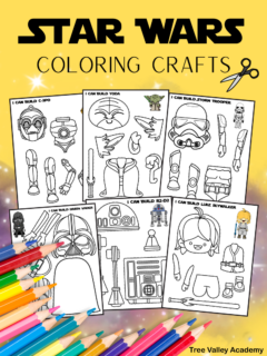 Star Wars coloring crafts with 6 printable coloring pages. There's a coloring page of C-3PO, Yoda, Storm Trooper, Darth Vader, R2-D2, and Luke Skywalker. Each coloring sheet has isolated parts of its character to color, cut out and assemble. There is a small full colored version of the character on each sheet as a reference.